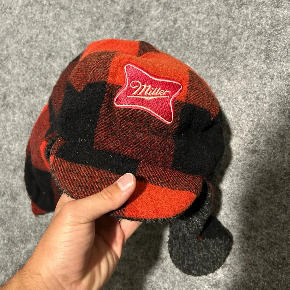Vintage Miller Beer Buffalo Plaid Trapper Hat Red Black XL USA Biker Retro